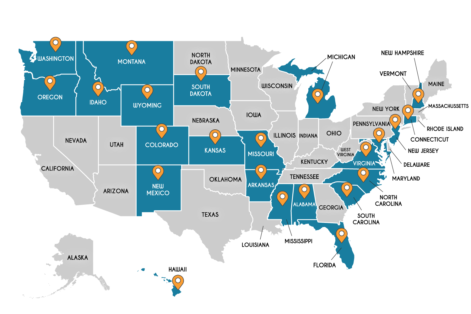 Heatmap of US states that have partnered with The Hanen Centre